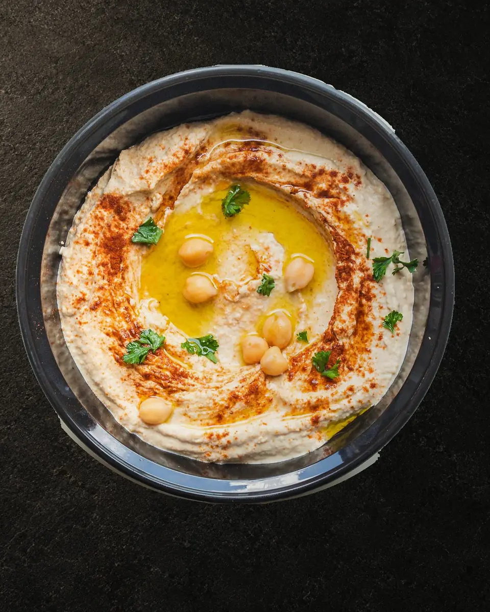 A bowl of classic hummus with olive oil, paprika and chickpeas on dark stone