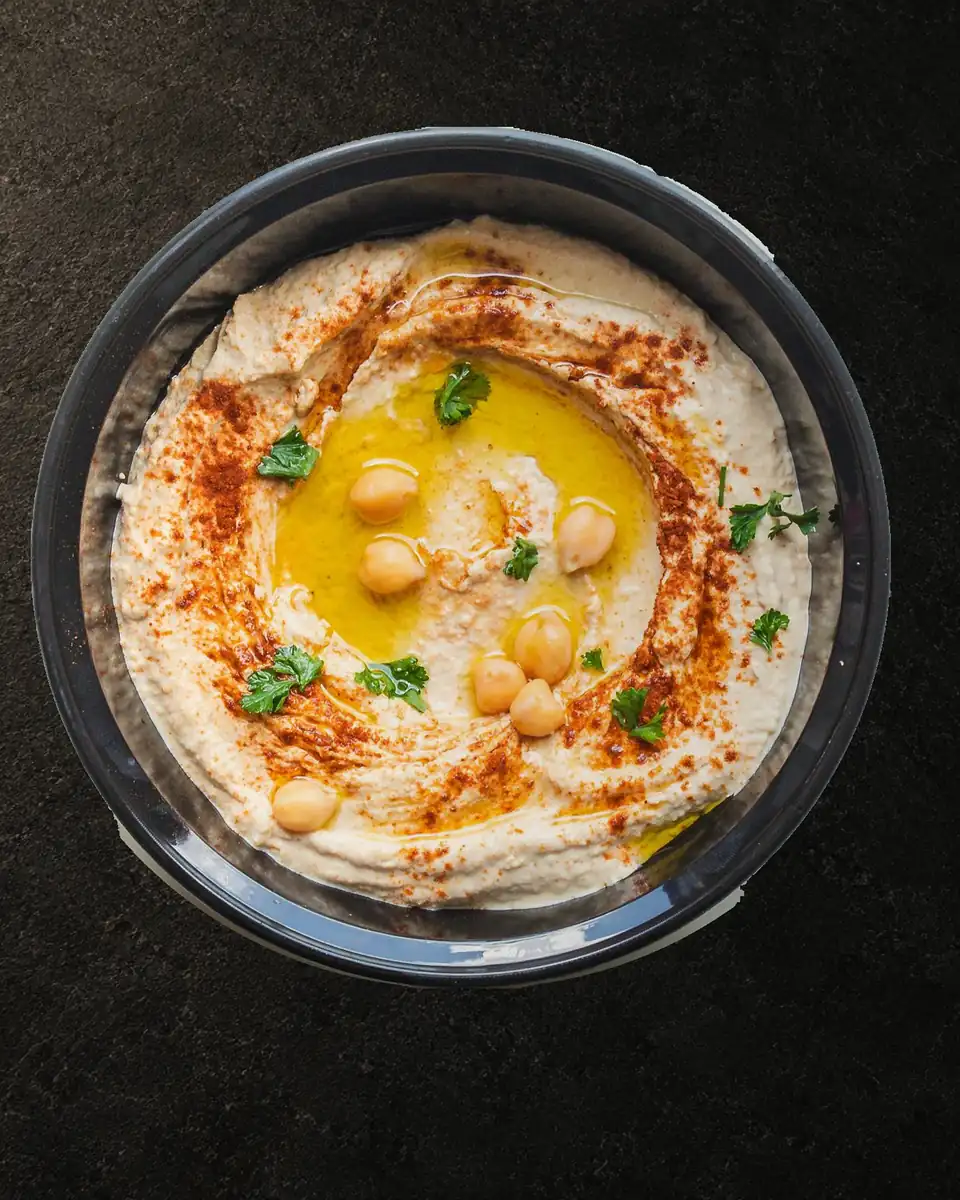 Classic hummus with olive oil, paprika and chickpeas on dark stone - Sababa, Cebu City
