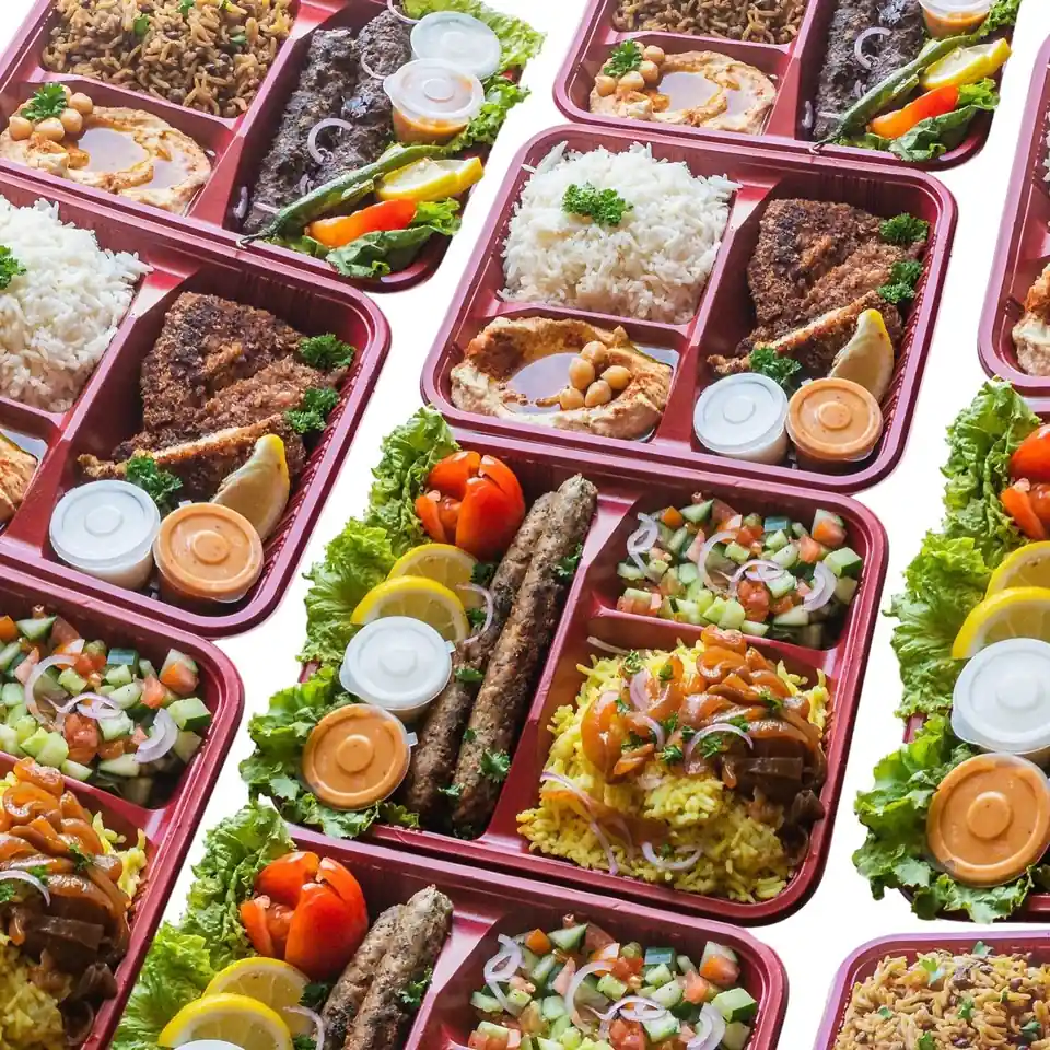 Kebab, schnitzel and hummus platters in red trays from above - Sababa, Cebu City